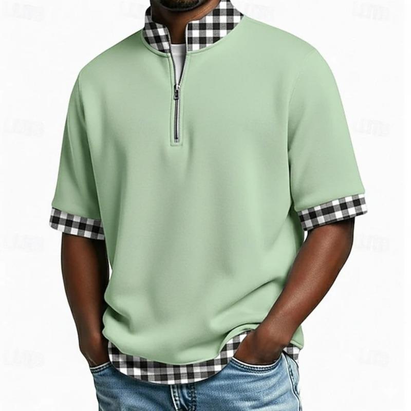 Mens Plaid Patchwork Half Zip Mock Neck Short Sleeve T Shirt
