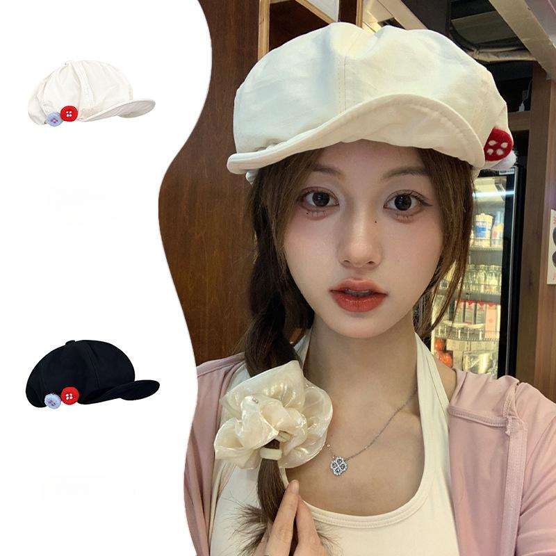 Summer Retro Versatile Big Head Surround Cloud Hat Button Newspaper Beret Korean Version Face Small Short Brim Beret