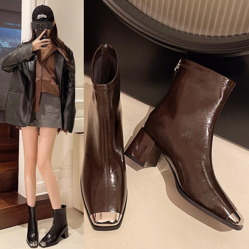 New Elegant Heeled Women's Long Boots High Heels Leather Brown Ladies Knee Shaft Shoes Pointed Toe Black Patent Leather Boots