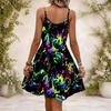 Women Plus Size Black V Neck Sleeveless Spaghetti Strap Gathered Waist Flared Printed Dress
