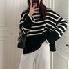 2025 autumn and winter loose tops fashion Korean women's crew neck pullover sweater stripe stitching knitting sweaters for women