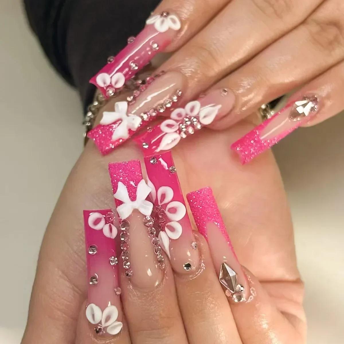 

24Pcs Long Coffin Press On Nails, Hot Pink Glitter French Fake Nails with Bow & Rhinestones United States