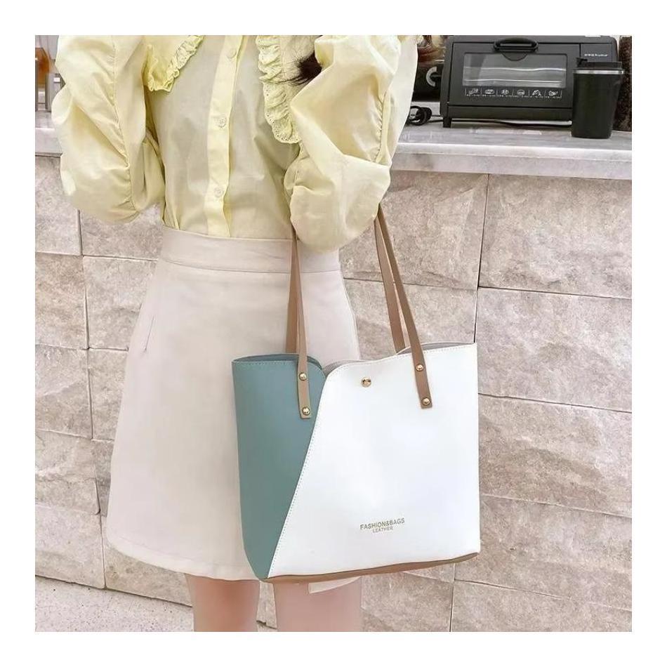 1 Pcs Women's Shopping Bags Casual Large Capacity Women's Patchwork Leather Tote Bag Double Tone Color Shoulder Bag Pu Leather