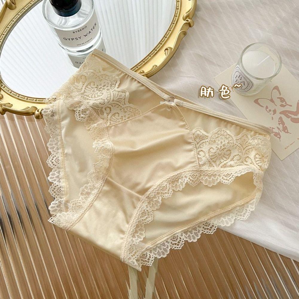 Hollow Ice Silk Thin Belt Panties Flower Satin Silk Lace Thong Women's Lace Mesh Briefs  Girls