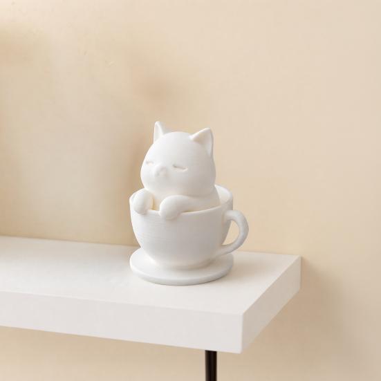 yangyizhi 3D Printed Cute Cat Teacup Figurine, Mini Animal Statue Healing Decor Ornament, Smooth White Desktop Sculpture with Integrated Stable Base,