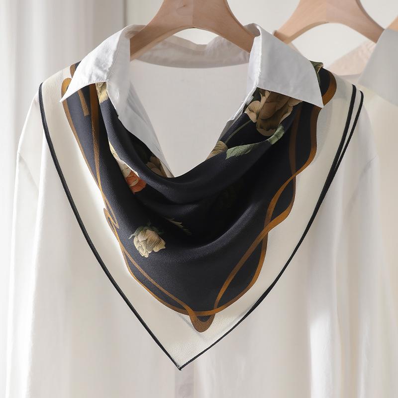 [Silk Double Crepe 61 Square Scarf] Literary Flowers Versatile Mulberry Silk Double Crepe Scarf Sunscreen Fashion Square Scarf Silk Scarf