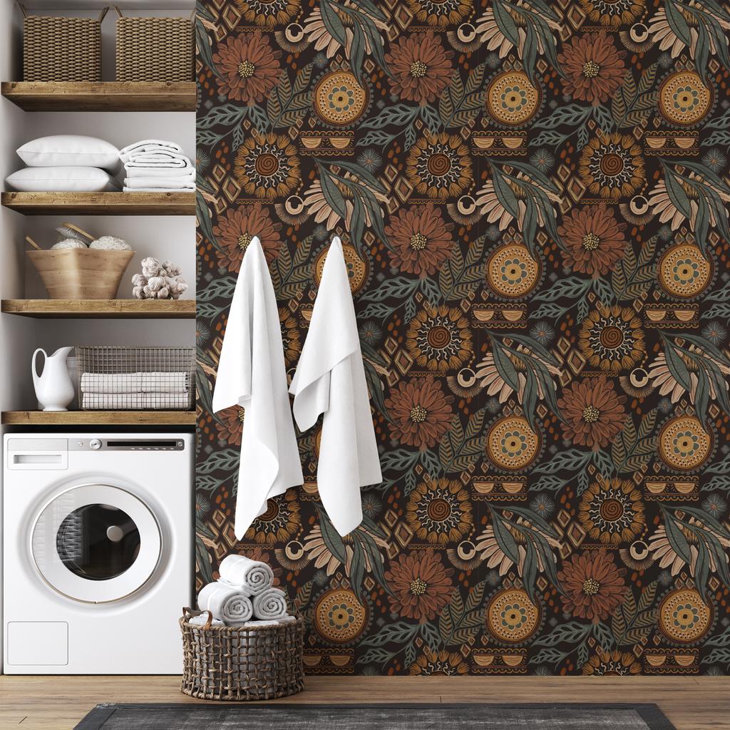 1pc Peel And Stick Boho Floral Wallpaper,For Bedroom Wall Decorative Mural,Self Adhesive Removable Contact Paper For Cabinets