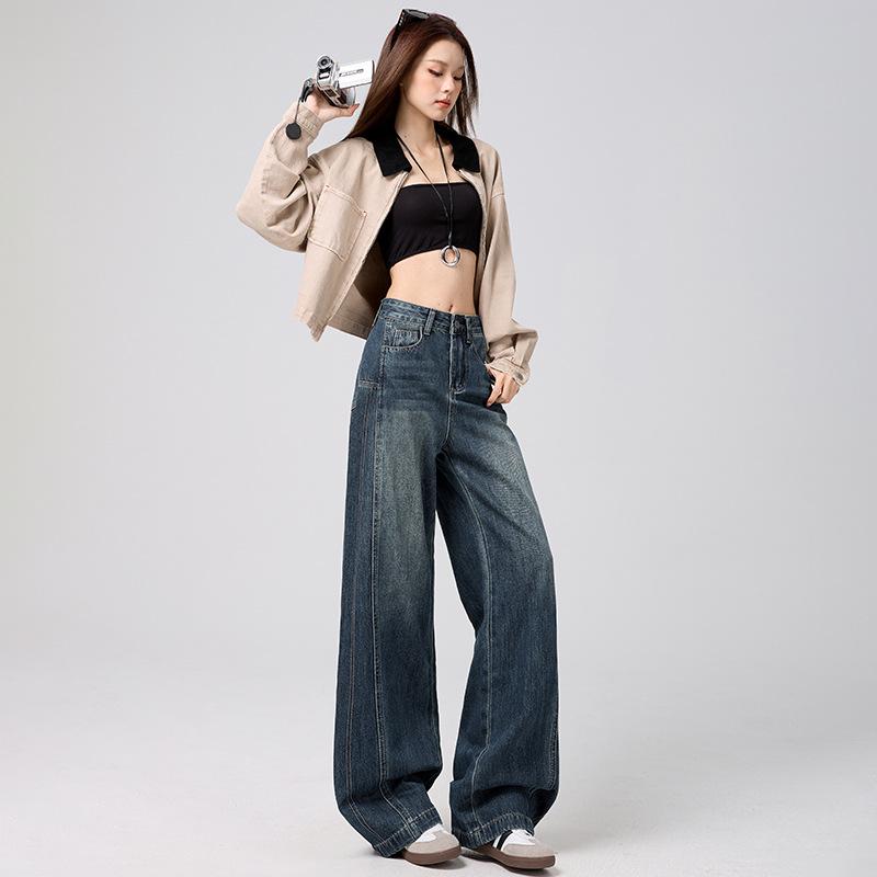 Retro Scimitar Wide-leg Jeans Women's New Versatile American Splicing Design Sense High Waist Loose Straight Pants
