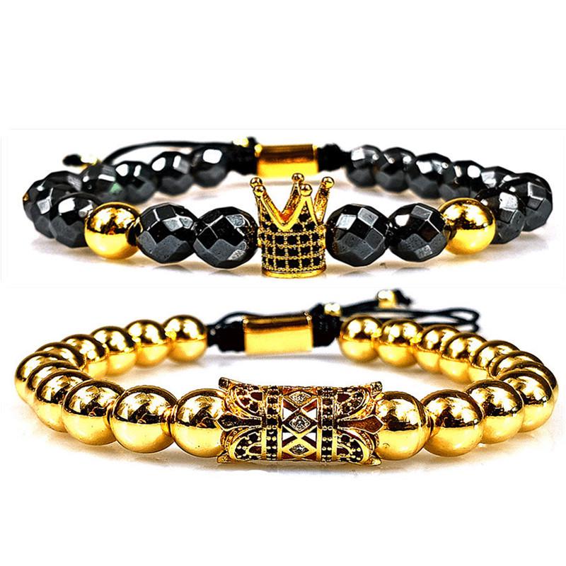 Men s Punk Style Zirconia Tube and Bead Woven Bracelet Set