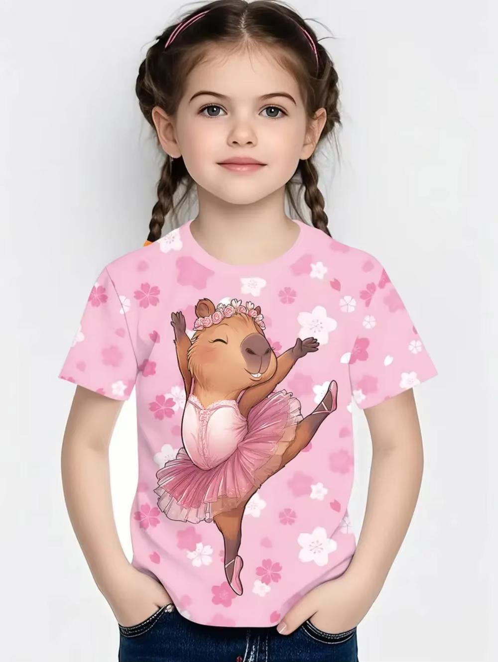 

Girls Fashion T-shirts, Capybara Children s Clothing, Summer Girls Tops, Cute Cartoon Print T-shirts 100
