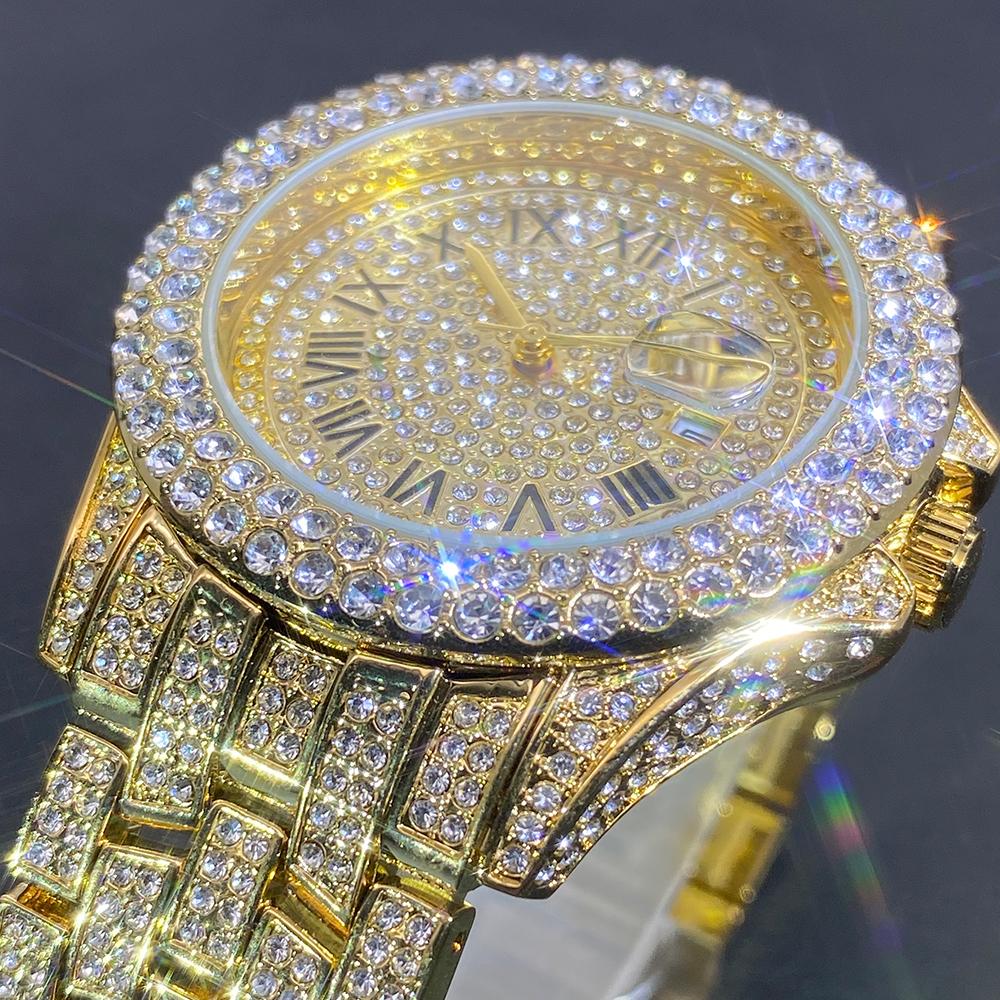 MISSFOX Luxury Iced Diamond Watch Men Automatic Date Fashion Waterproof Quartz Clocks Hip Hop Gold Jewelry Wristwatch Reloj