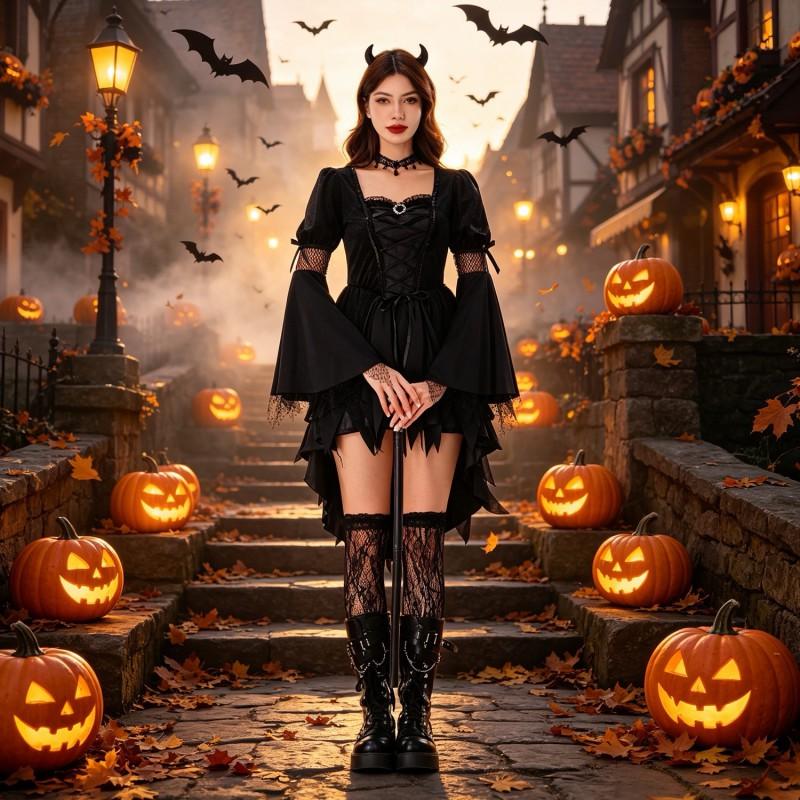 Gothic Witch Costume Women Halloween Party Dress With Hat Accessories Stage Performance Outfit