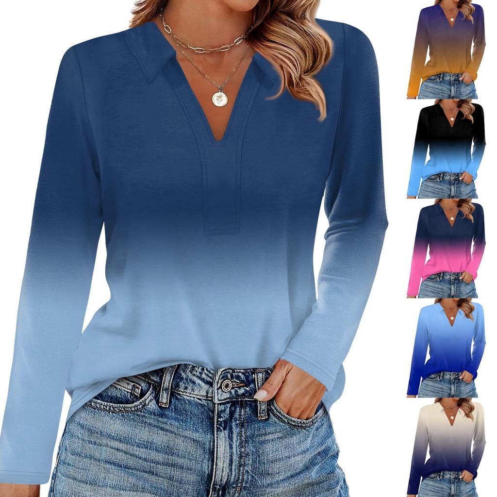 Women's Fashion Casual Lapel Short Long Sleeve Print Shirt Women's V-Neck Tops