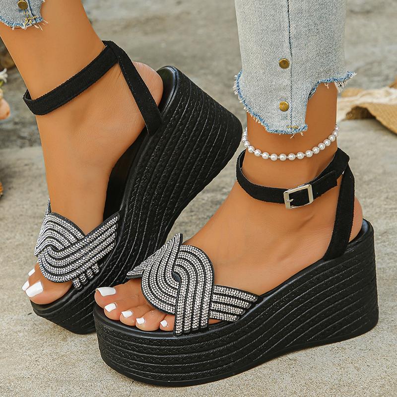 Fashion Women's Fashion Rhinestone Platform Sandals Black Ankle Strap Wedge Heel Sandals Woman Summer Thick Bottom Non Slip Beach Shoes