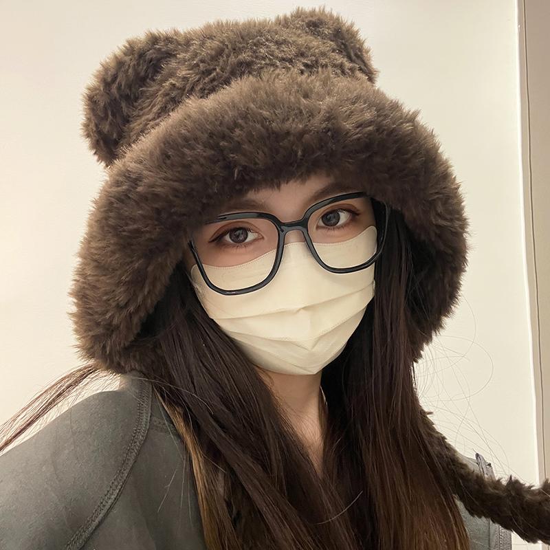 Fashion Cute Bear Ears Winter Hat Woolen Ear Protection Bucket Hat Plush Cold-Proof Cycling Cap For Women