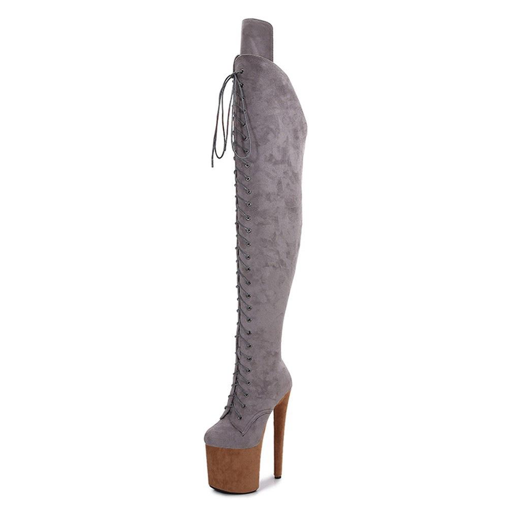 Fashion FHC 20CM Heel Sexy Pole Dancing Shoes,Unisex Flock Thigh High Boots,Round Toe,Women Platform Over The Knee Botas,Grey,Khaki,