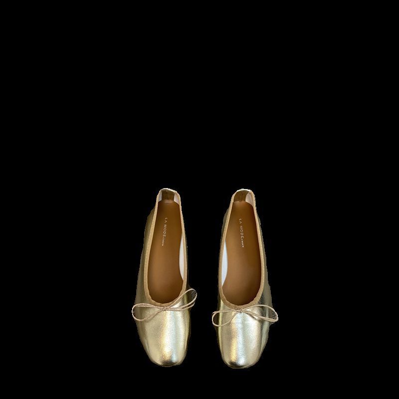2025 Spring and Autumn New Bow Ballet Metal Silver Single Shoes Light Mouth Flat Bottom Granny Shoes Women