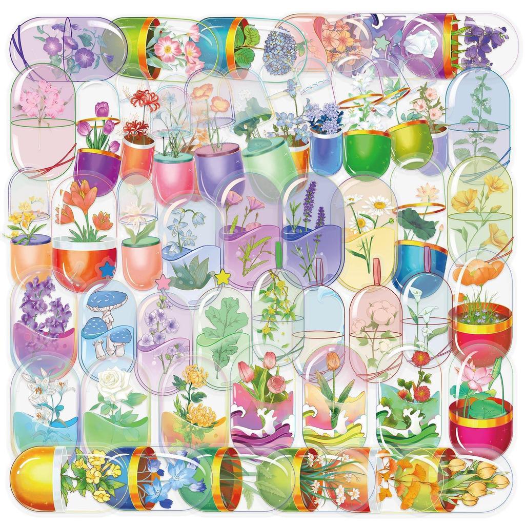 Floral Ink PET Transparent Stickers for Phone, Laptop, Suitcase, and Cup Decoration