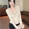 Feel French Lace Slimming Sweet Patchwork Long Sleeve Thinning Fur Collar Women's Autumn Top