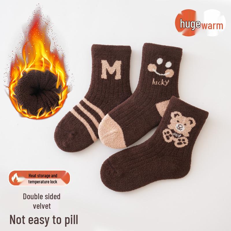 Children's Winter Plush Socks - Warm, Thickened Coral Fleece, New Year Red, Mid-Calf Length for Boys & Girls.