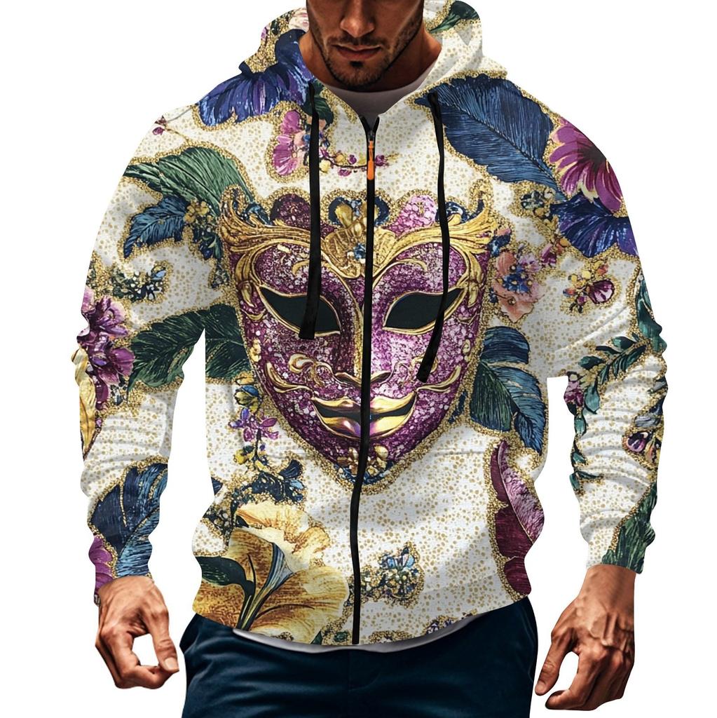 Men's Sports Casual Fleece Hoodie Carnival Print Hoodie Cardigan Zipper Multi-pocket Hoodie Coat