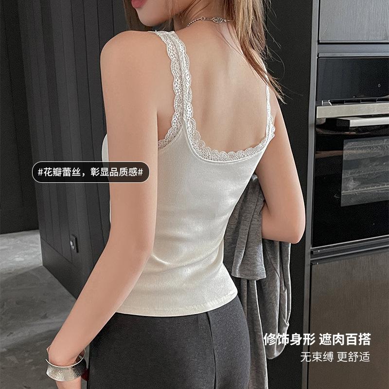 Pure lace base with small suspender vest inside, women's spring and summer slim-fit threaded outer sleeveless Spice Girl top