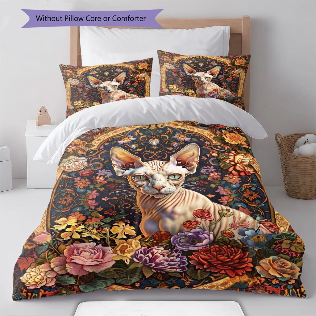 Boho Floral Cat Pattern Bedding Quilt Set Quilt Cover Pillowcase Home Decoration Birthday Gift (1 * duvet cover + 2 * pillowcase, without core)