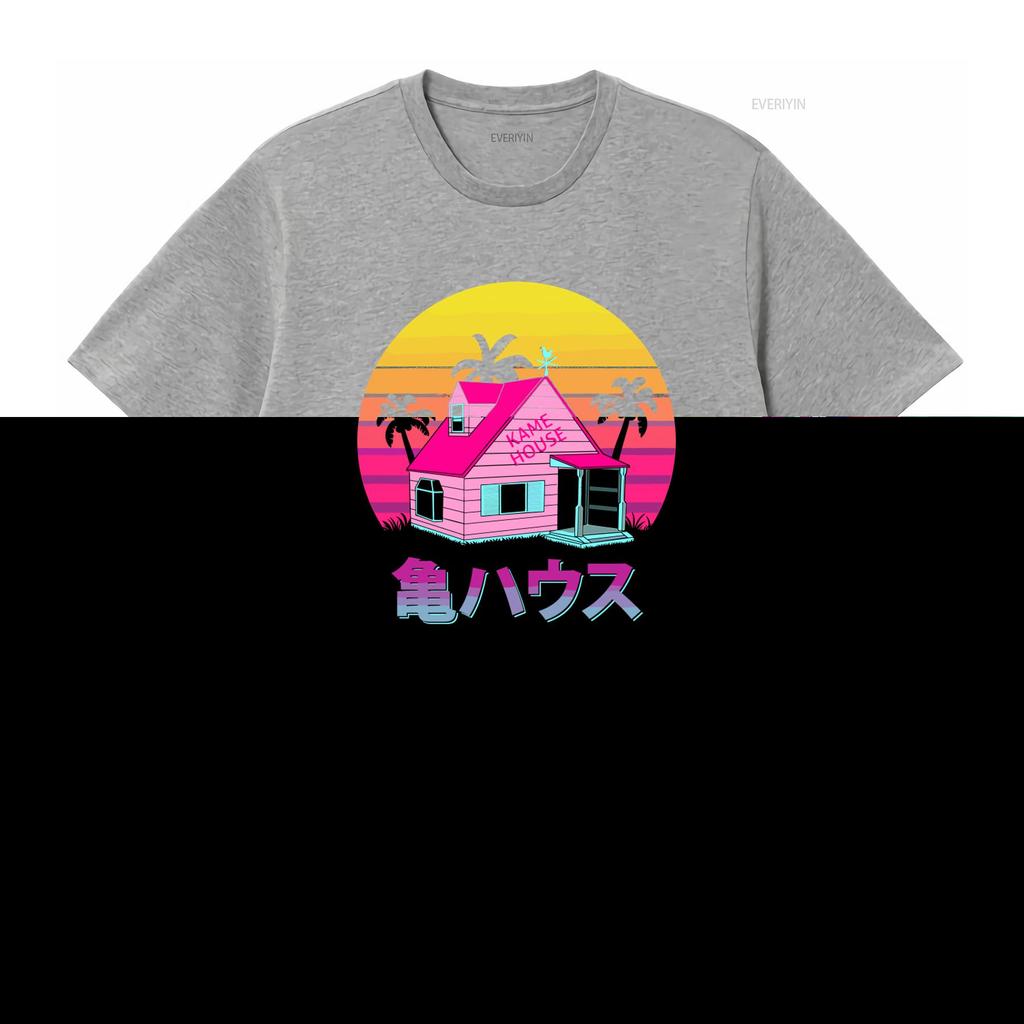 Kame House Sennin Funny Cartoon Mens Black T Shirt Retro Sunset Palms Design Size S to 5XL vintage Washed Soft fashion