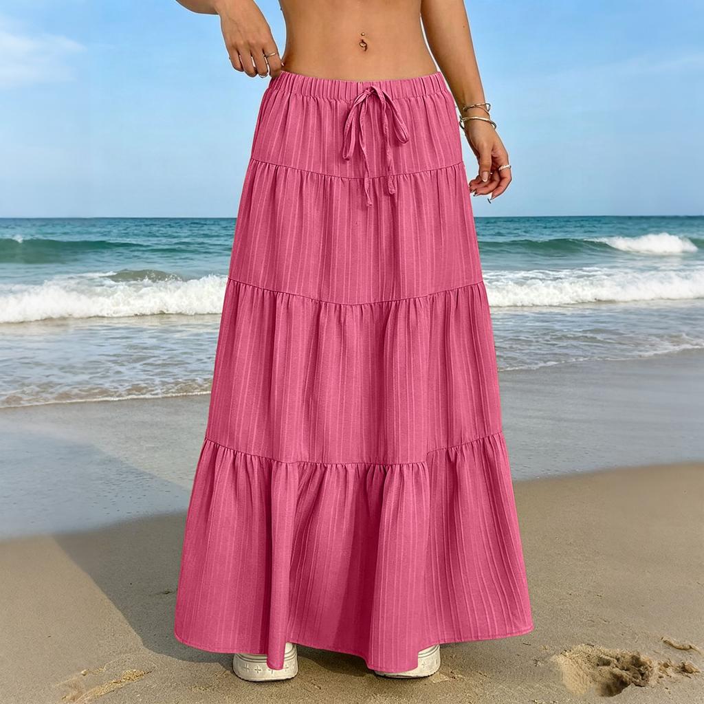 Women's Casual Elastic Waist Multi-Layer Maxi Skirt with Drawstring Adjustable Waistband Lightweight Long Skirt for Everyday Wear