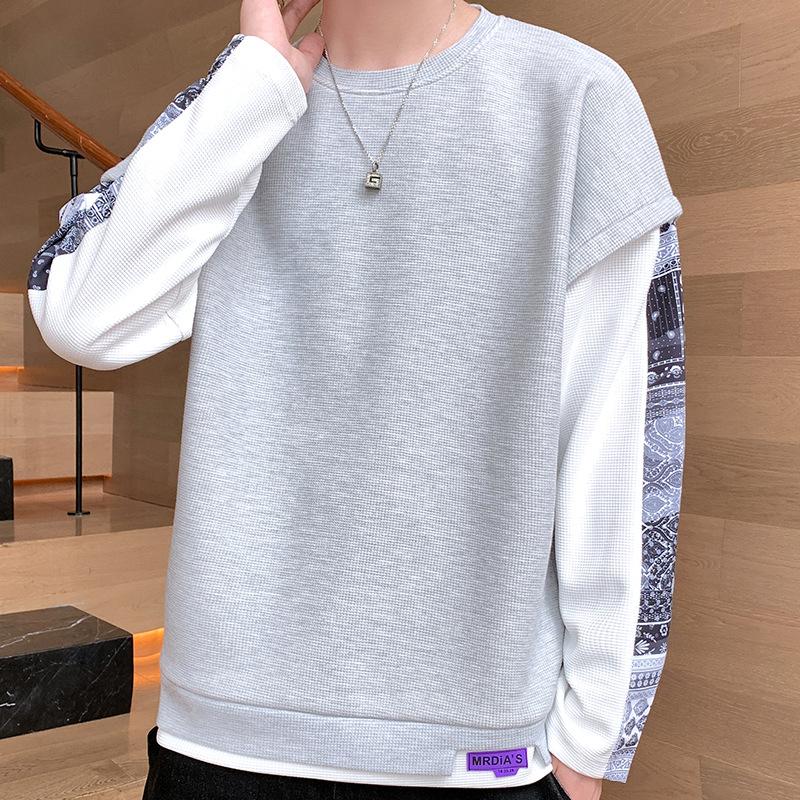 Waffle Fake Two-piece Men's Sweater Crew Neck Spring and Autumn Trendy Brand Cashew Flower Long Sleeve Design Sense Niche Clothes
