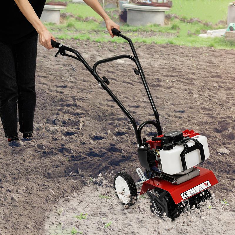52cc 2-Stroke Gas Tiller, 1900W Cultivator w/ 4 Steel Blades, Handheld Pull-Start Tiller for Garden, Farm, Greenhouse Tilling