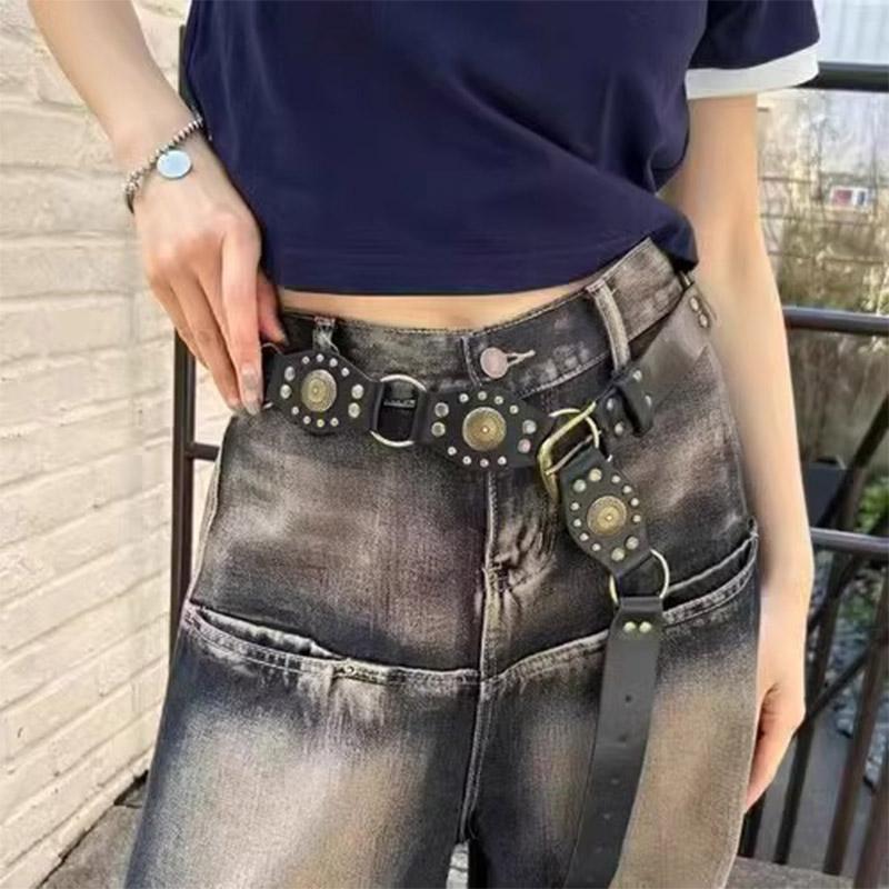Western Cowboy Rivet Patchwork Leather Belt Retro Design for Women
