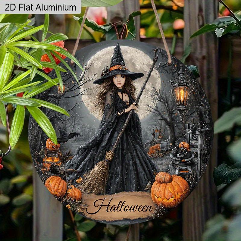 2D Flat Aluminium Halloween Sign with Witch Pattern - Halloween Figurine Ornaments - Ideal for Front Door, Wall, Porch, Window Decor - Ideal