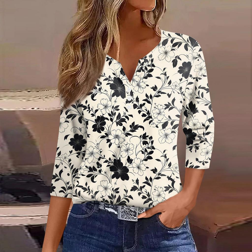 Dámské tričko s potiskem, knoflíky, 3/4 rukávy, pro každý den, na víkend, módní, základní, s výstřihem do V, běžný top