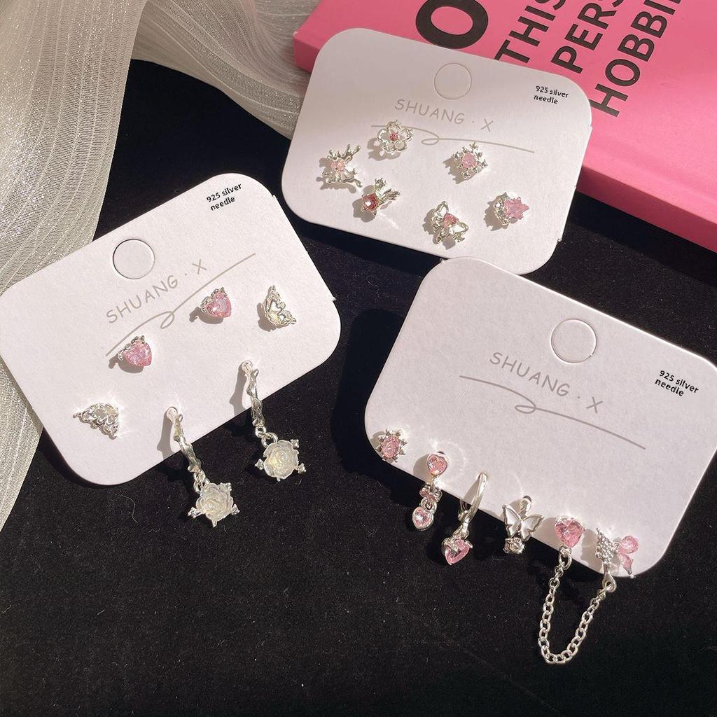 Schicke geometrische Ohrringe mit rosa Zirkon, Silberstift und Liebesquaste für Mädchen