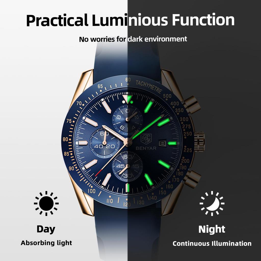 BY BENYAR Chronograph Analog 30M Water Leather Strap Quartz Blue Gift for Men Men's Watch, Resistant, Simple, Stylish, Popular, Formal, Movement,