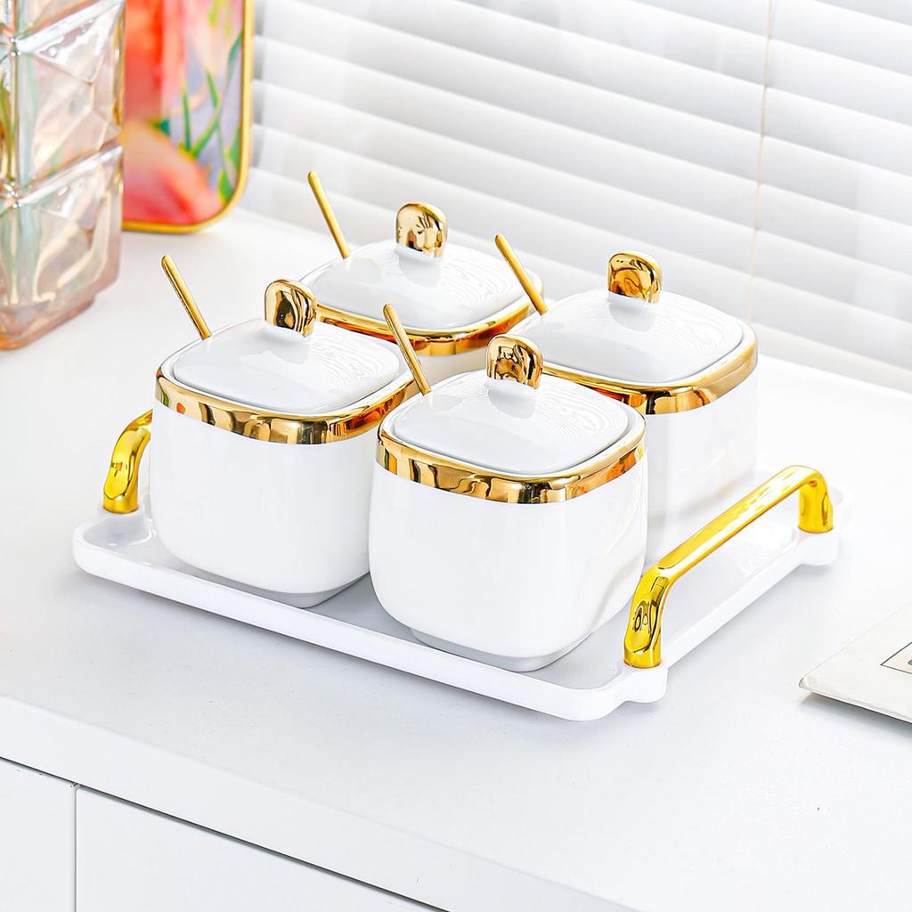 High-End Ceramic Seasoning Jar Set with Spoon - Moisture-Proof and Stylish Salt & Spice Containers for Kitchen
