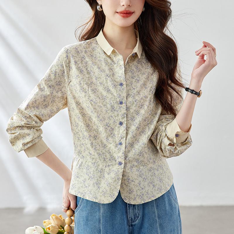 Floral Top for Women Long-sleeved Spring Clothes Updated Printed Top Short Small Design Top