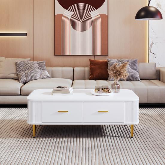 Coffee Table Golden Handles with Two Drawers Large Storage Space Curved Corners Wavy Side Storing MDF Rectangle Shape Tea Table Home