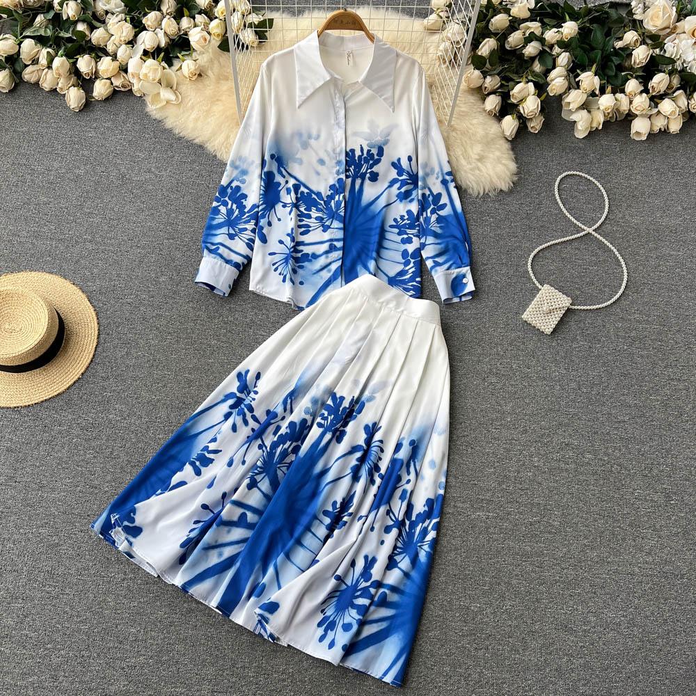 Elegant Temperament Polo Collar Blue Printed Long-Sleeved Shirt Women's High-End Pleated Skirt Fashion Two-Piece Suit
