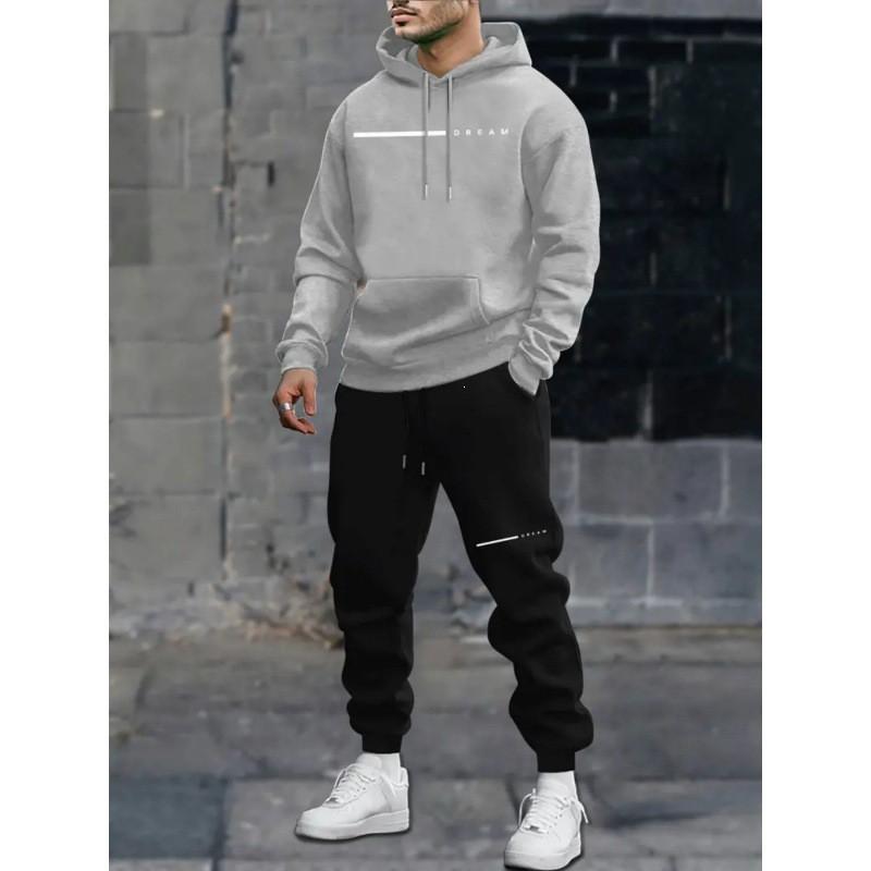 Mens Oversized Hooded Sweatshirt Set With Letter Print Fleece-Lined Warm Casual Tracksuit Winter