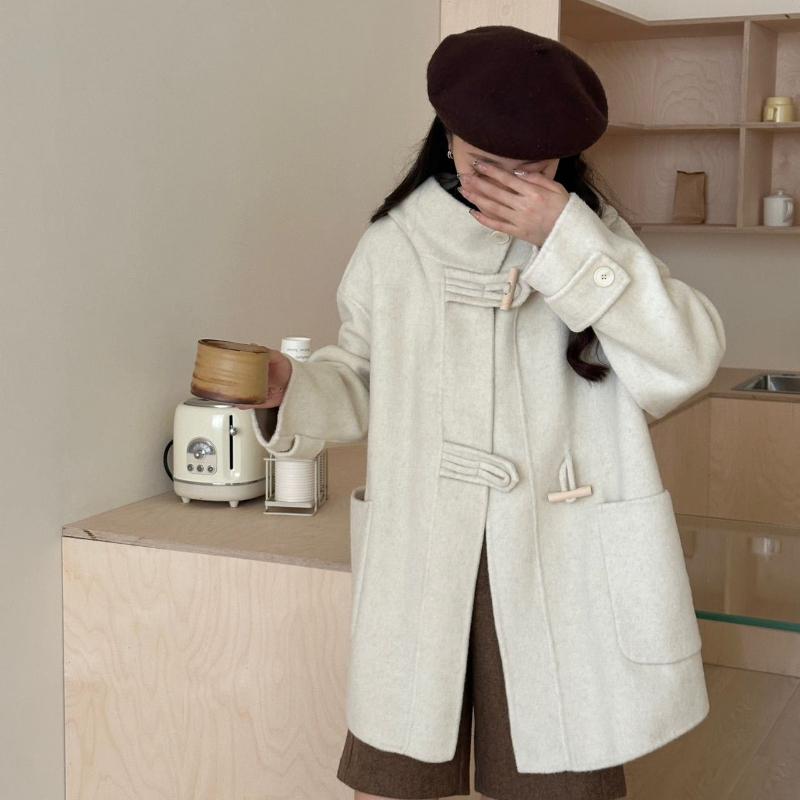 Women's Autumn and Winter New Short Hooded Loose Double-Sided Wool Coat