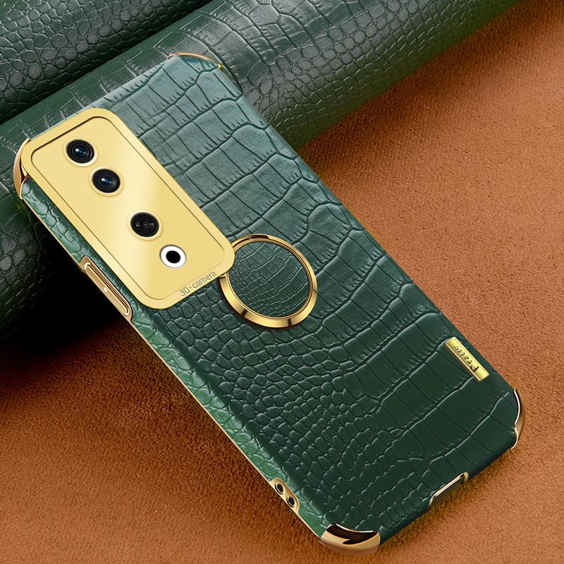 

For Honor 90 Case Crocodile Texture Leather+TPU Fall-proof Shell with Ring Kickstand Green