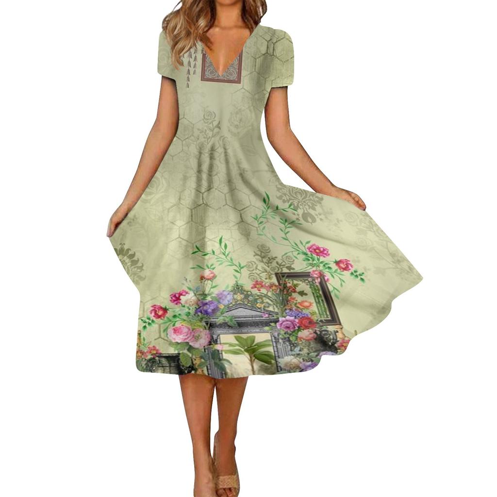 Women's Fashion And All- Summer Temperament V-neck Printed Short-sleeved Dress