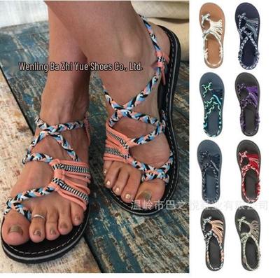 Women's Plus Size Color Block Knot Flat Sandals - 2025 New European & American Beach Toe Loop Style