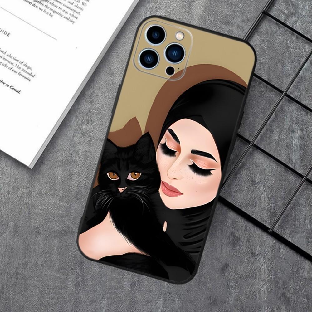 Muslim Arabic Hijab Girl Phone Case For Apple iPhone 15,14,13,12,11,XS,XR,X,8,7,Pro,Max,Plus,mini Silicone Black Cover