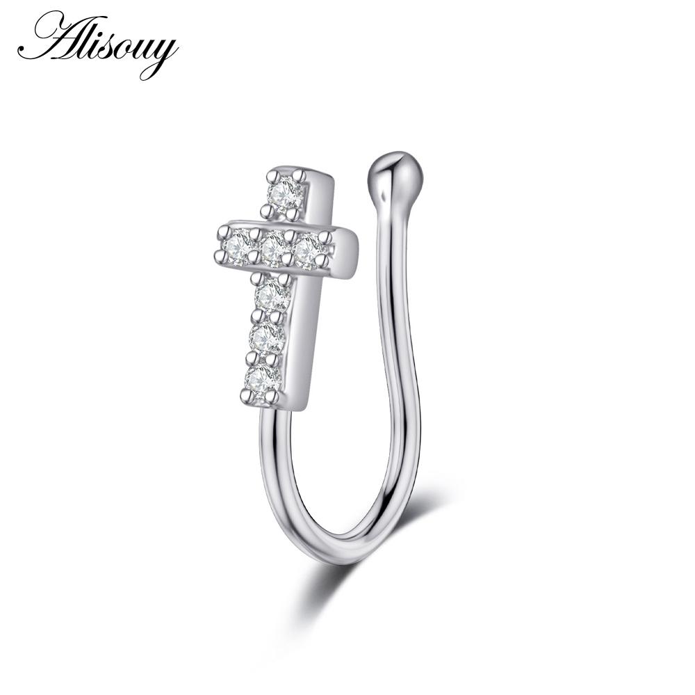Alisouy 1pc Zirconia Fake Piercing Clip Nose Ring Body Jewelry for Women Ear Cuffs Heart Cross Star Leaf Flowers Clip Nose Rings