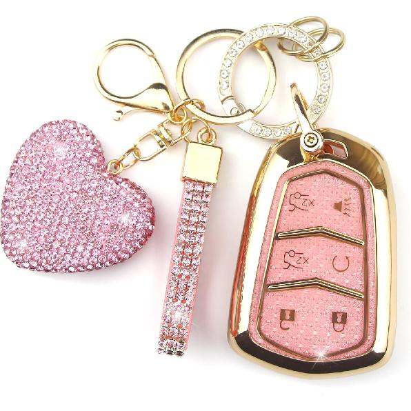 Key Fob Cover with Diamond Keychain Fit for Cadillac Car Key Holder Case Compatible with Cadillac Escalade ATS CTS STS SRX XT5 CT6 Smart Remote Key розовый
