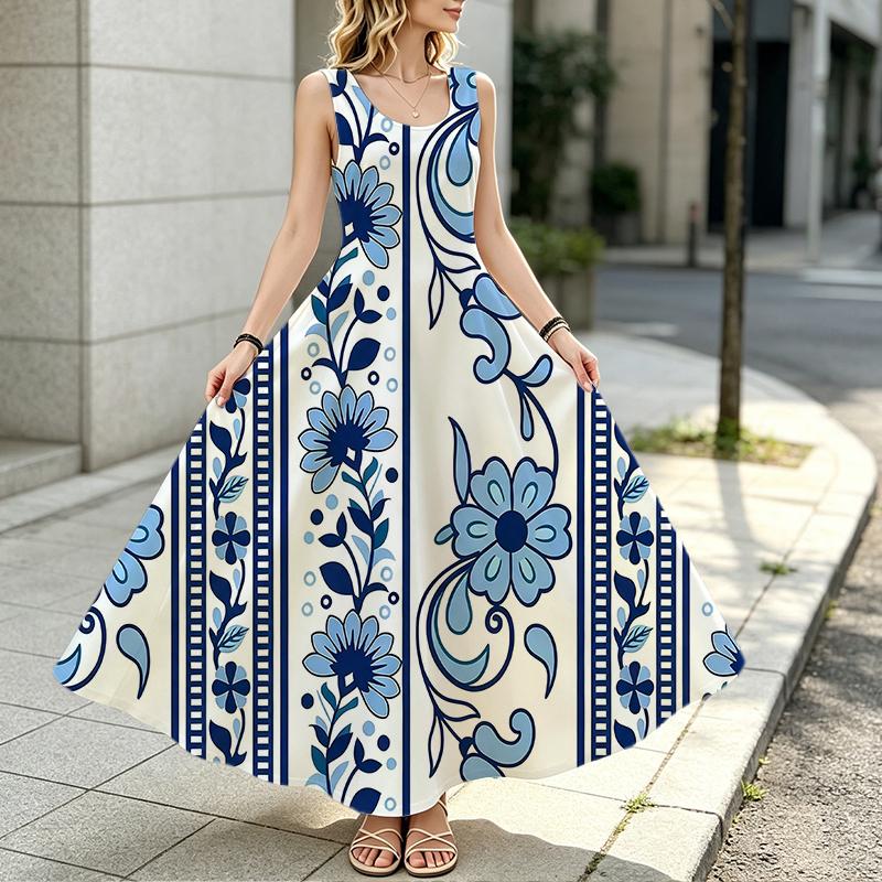 Women's Summer Vacation Maxi Dress Blue White Floral Lightweight Sleeveless Tummy Control Flowy Full Skirt,Versatile for Casual Daily & Summer Outing