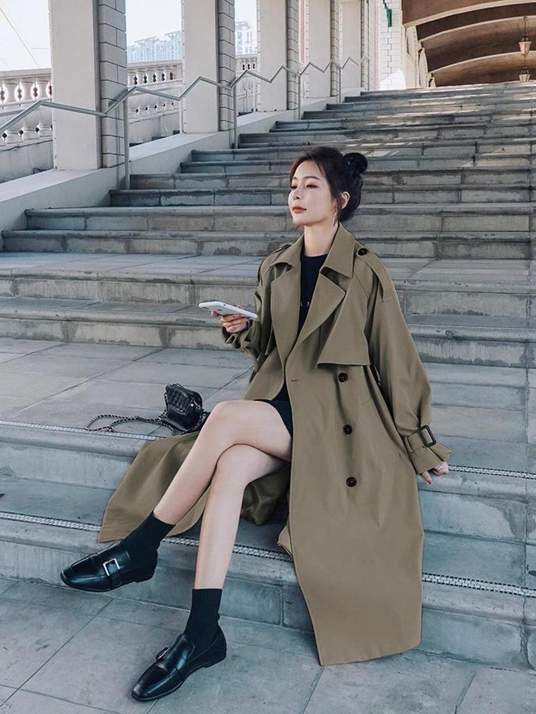 2025 Women's Mid-Length Trench Coat - Petite Fit, Korean & British Style for Autumn/Winter